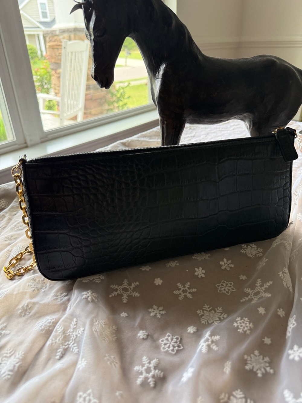 Etienne Aigner Black Croc Embossed Leather Shoulder Bag Gold Chain Vintage